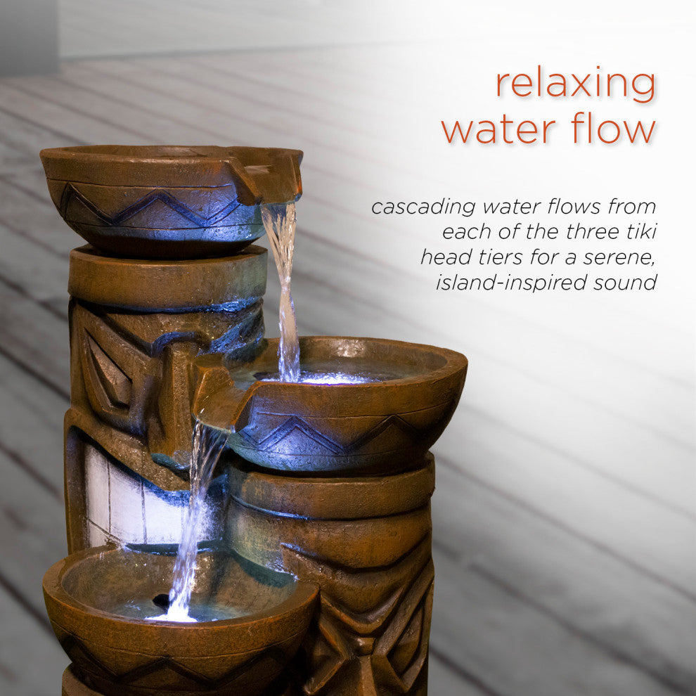 29" Tall Outdoor 3-Tier Tiki Head Water Fountain Yard DÃ©cor