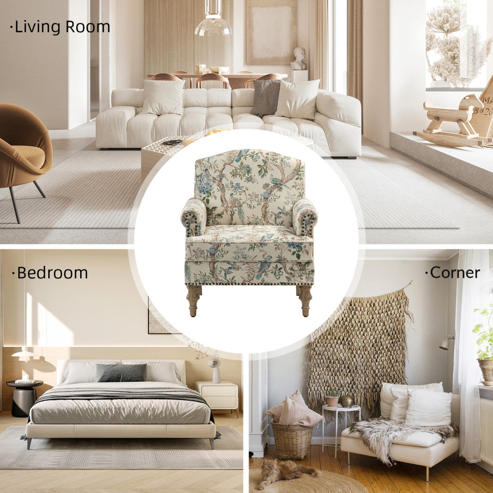 Lamber Wooden Upholstered Armchair With Camelback, Bird