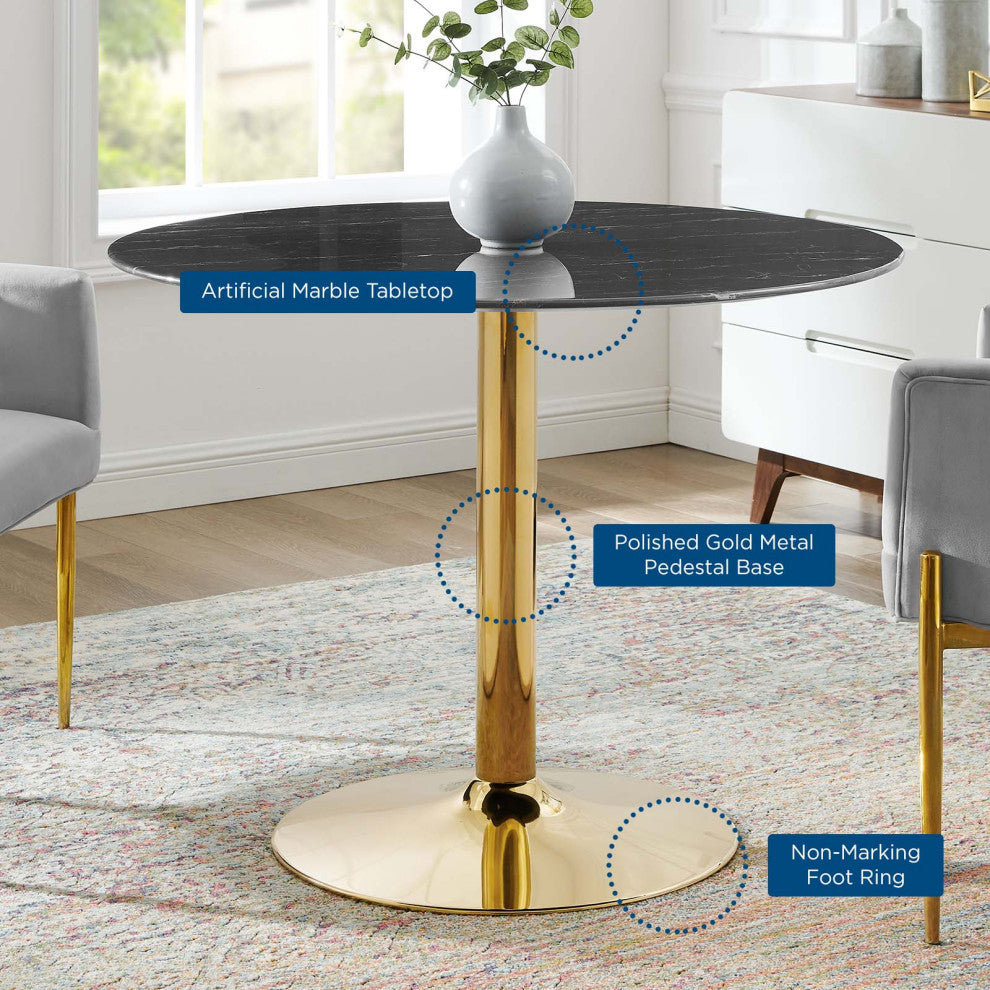 40" Dining Table, Round, Black Gold, Artificial Marble, Modern, Mid Century