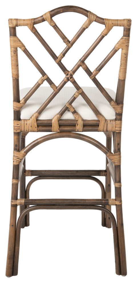 Chippendale Rattan Barstool, Antique Brown and Off-White Upholstery