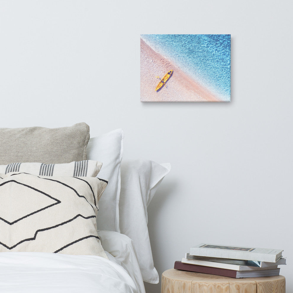 Yellow Canoe and Blue Sea by with Violet Glow Landscape Photo Canvas Art Print, 12" X 16"