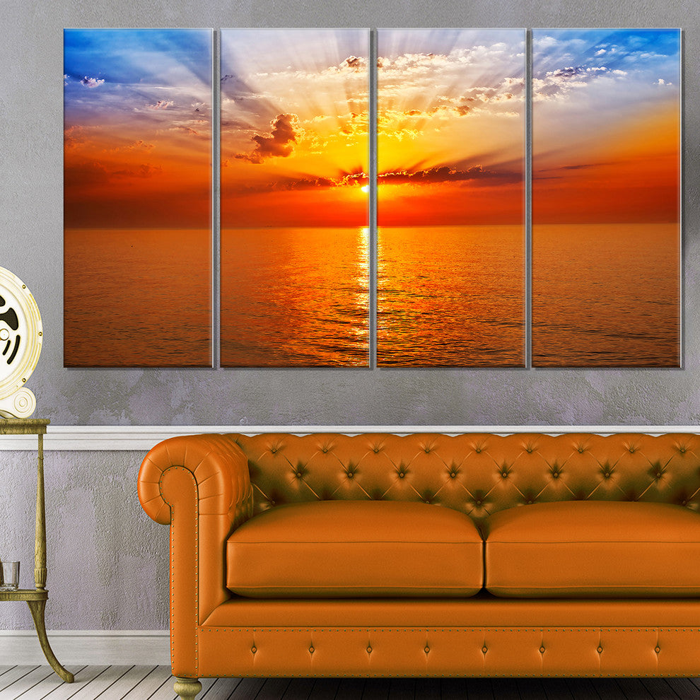 "Orange Sea Sunrise Under Blue Sky" Seashore Wall Art, 48"x28", 4-Panels