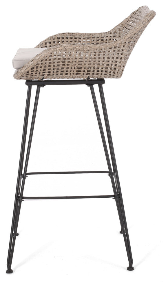 Pondway Outdoor Wicker/Iron Barstools, Set of 2, Beige/Mix Light Brown/Black