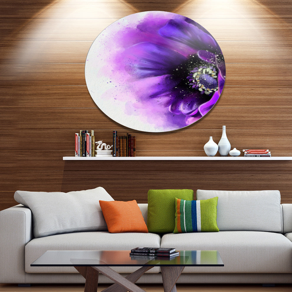 Purple Stylized Watercolor Poppy, Floral Round Wall Art, 36"