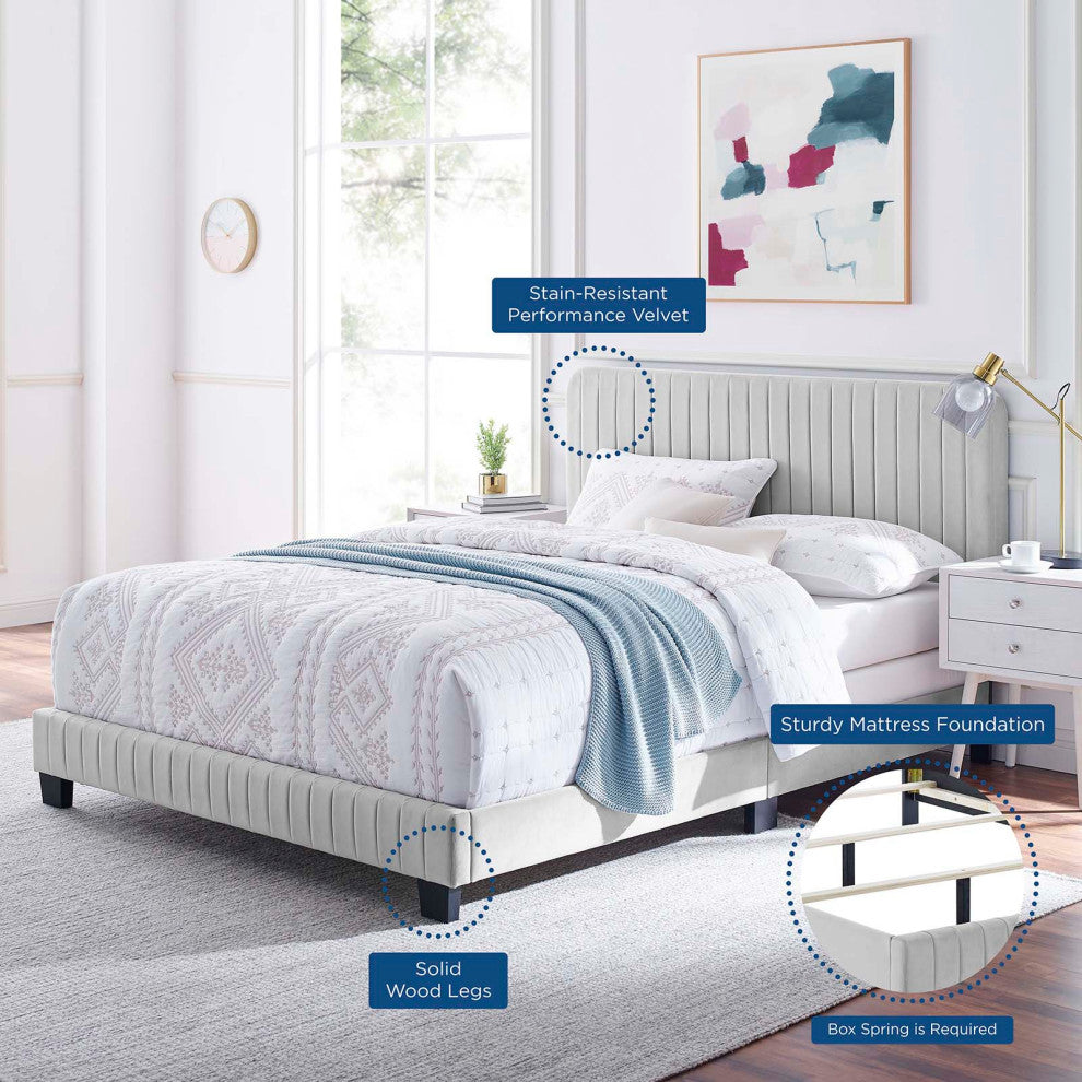 Celine Channel Tufted Performance Velvet Full Bed, Light Gray