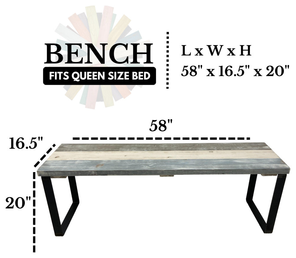 Bedroom or Entryway Bench, Heavy Duty Industrial Metal Legs, Farmhouse Mix, Length 58", Fits Queen Bed