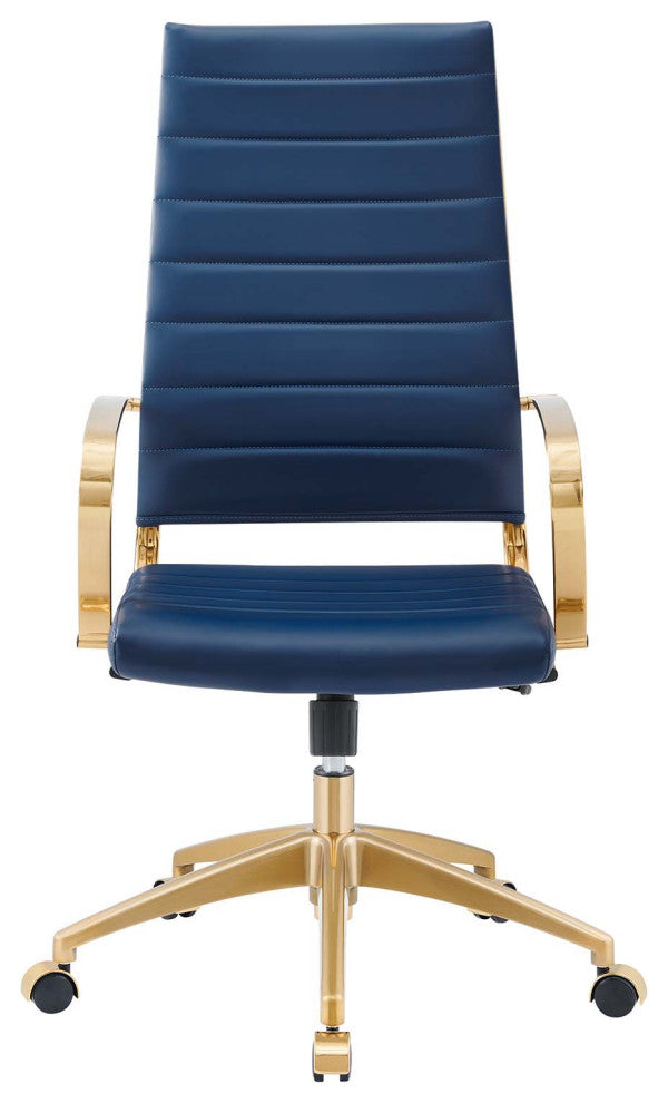 Computer Work Desk High Back Chair, Navy Gold, Faux Vinyl Leather, Home Office