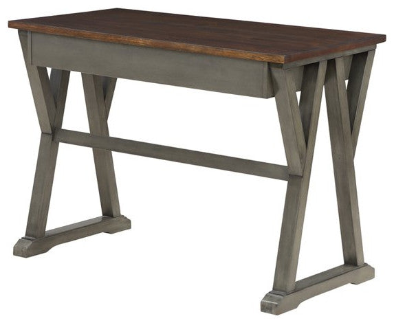 Traditional Desk, Geometric Legs With Trestle Support & 2 Drawers, Slate Gray