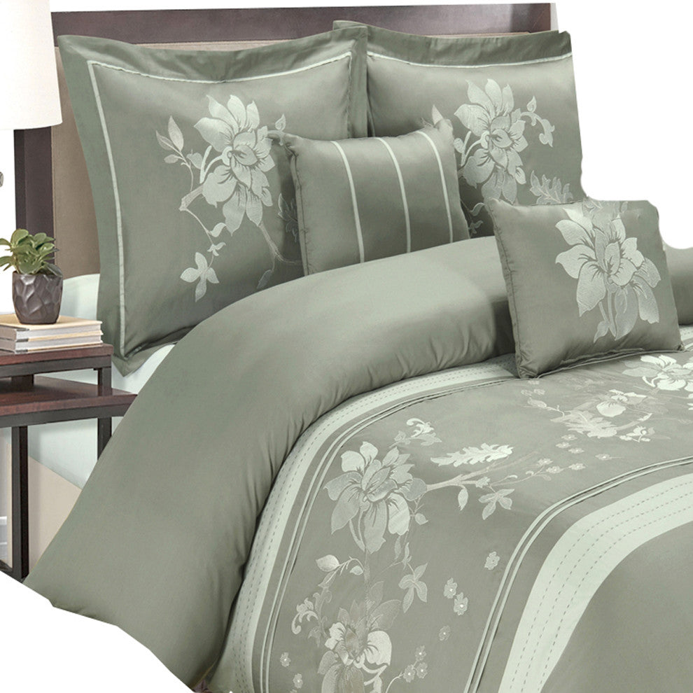 Myra Cotton Floral 5PC Duvet Cover Set, Gray, King/Cal King