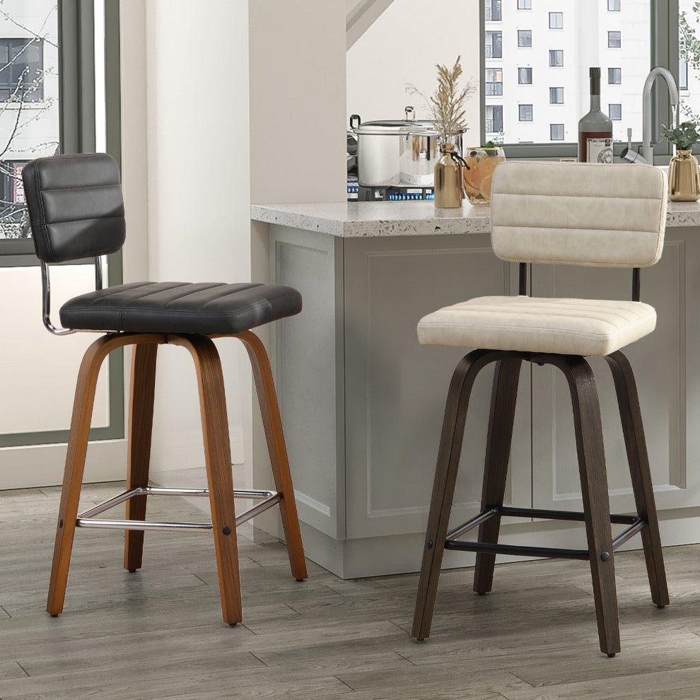 Swivel Bar Stool Leather Bar Stool, Wood Legs, Counter Height, Pu, Set of 2, Gray, 26"