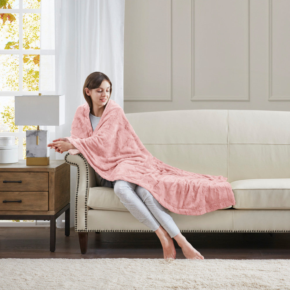 Madison Park Zuri Oversized Faux Fur Throw, Blush