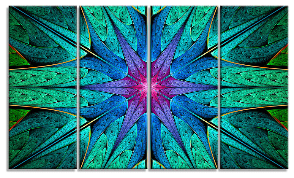 Turquoise Star Fractal Stained Glass, Abstract Canvas Print, 48"x28", 4 Panels