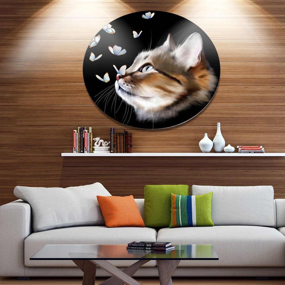 Cat With Butterflies On Black, Modern Animal Round Metal Wall Art, 11"