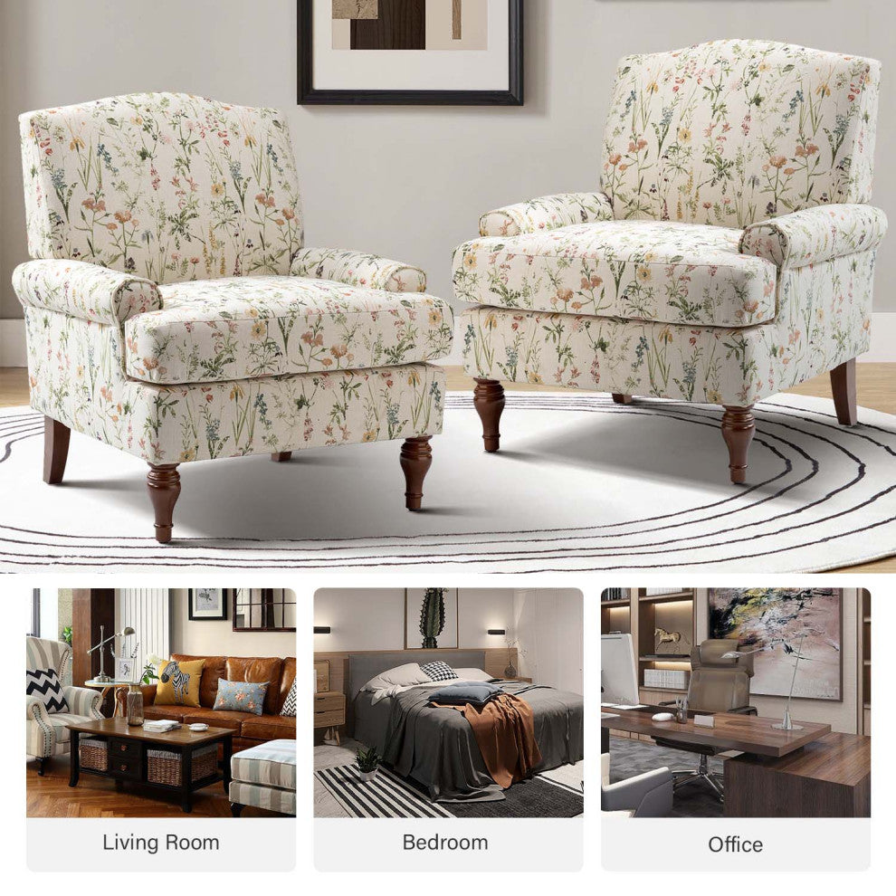 Armchair,Upholstered armchair with floral pattern, mid-century style., Spring