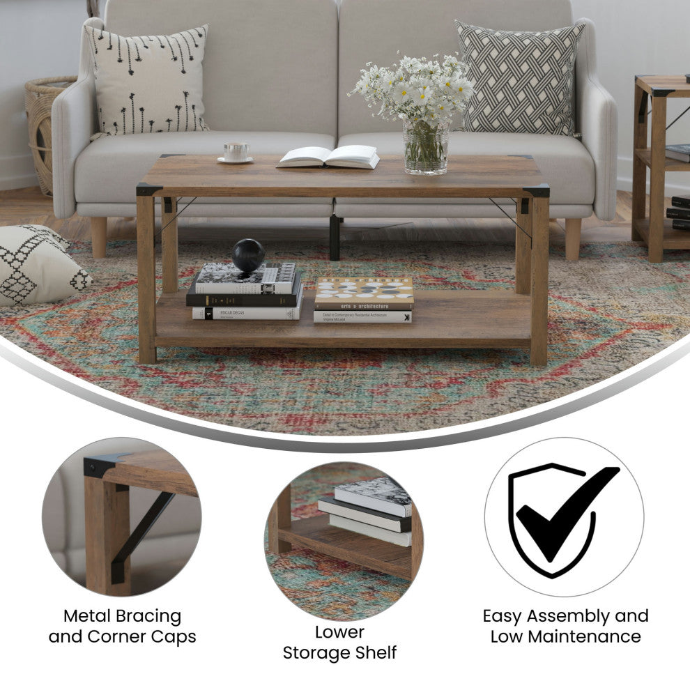 Wyatt Modern Farmhouse Wooden 2 Tier Coffee Table, Rustic Oak