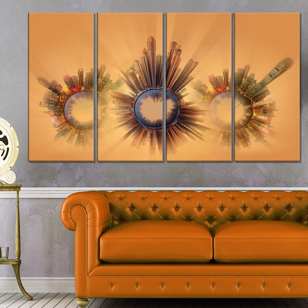 "Miniature Earth Planets With Skyscrapers" Abstract Wall Art, 48"x28", 4-Panels