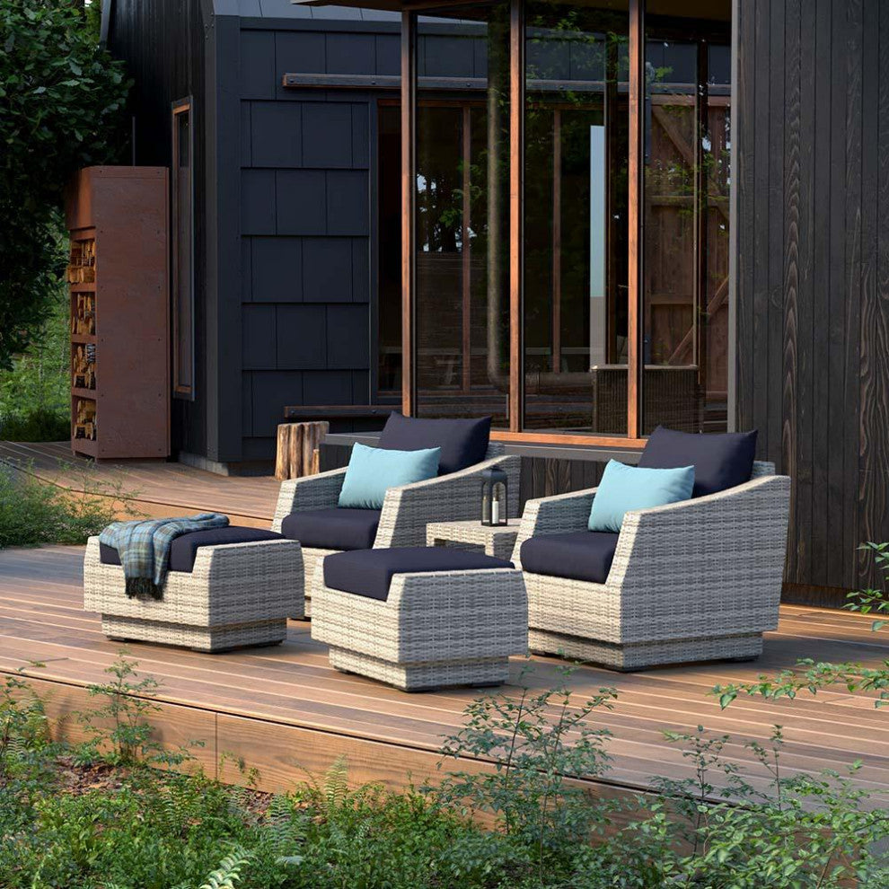 Cannes 5 Piece Sunbrella Outdoor Patio Club Chair and Ottoman Set, Blue