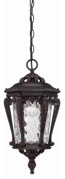 19" Tall Bronze Outdoor Hanging Lantern-Light, Clear Hammered Water Glass