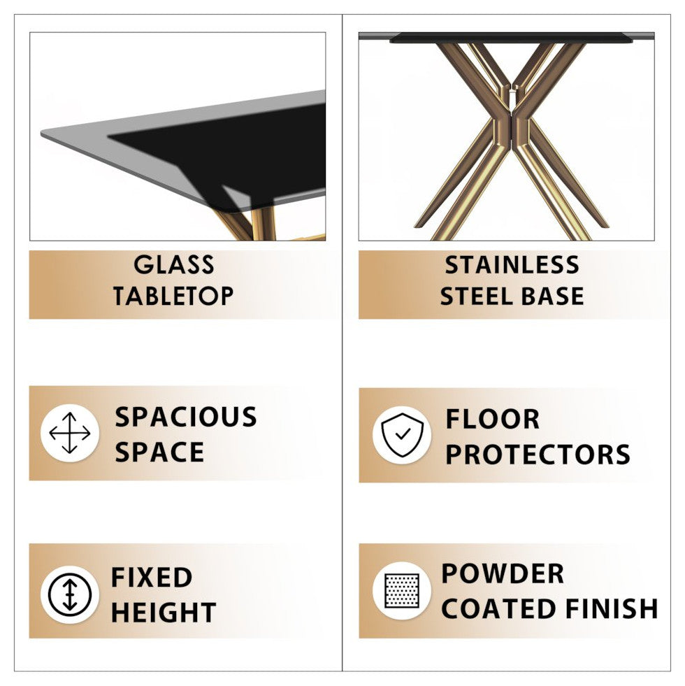 Elega Series Gold Stainless Steel Dining Table 55 With Clear Glass Top