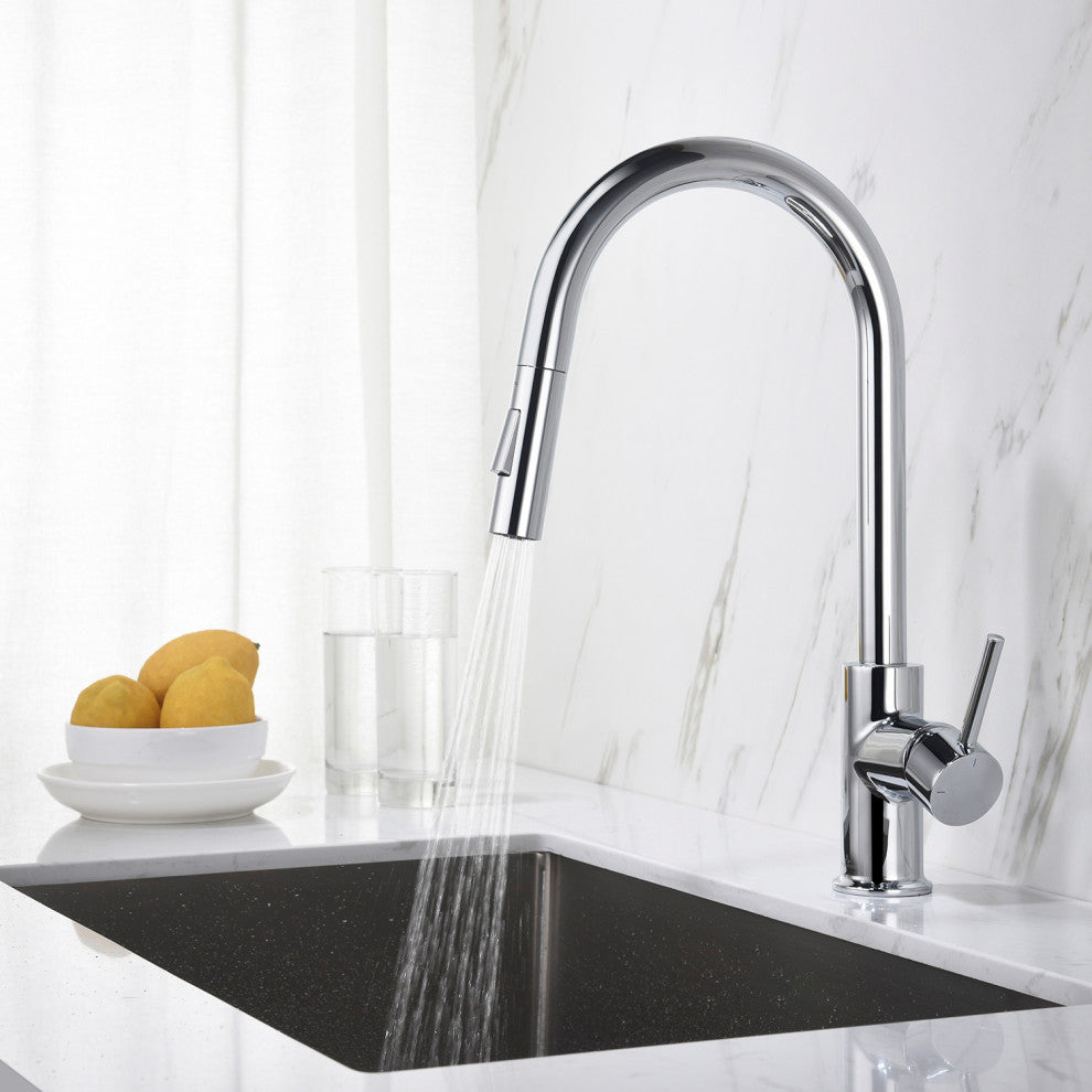 Brass Single Handle Pull Out Kitchen Faucet, Chrome W/ Soap Dispenser