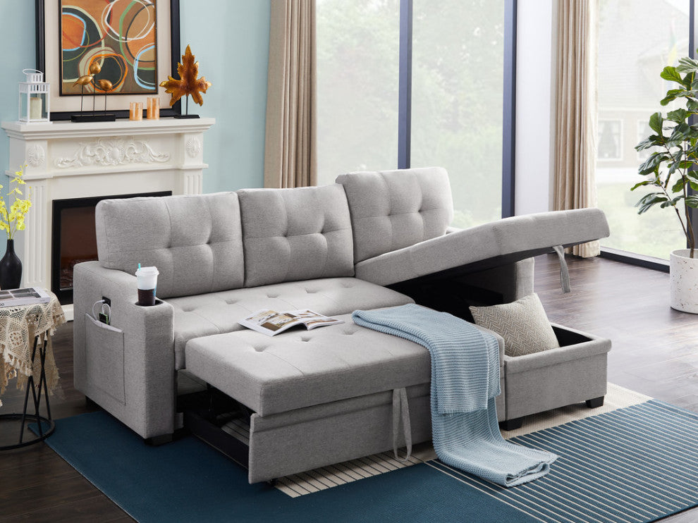 Mabel Fabric Sleeper Sectional With Cupholder, USB and Pocket, Light Gray, Linen