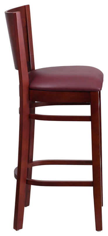Modern Solid Back Mahogany Wood Restaurant Barstool, Burgundy Vinyl Seat