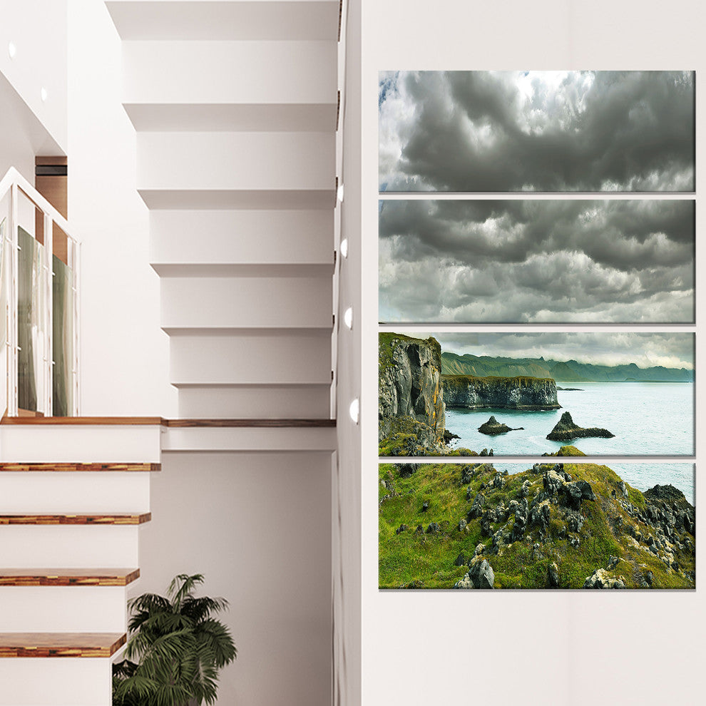 Icelandic Coast under Dark Clouds, Seashore Canvas Print, 28"x48", 4 Panels