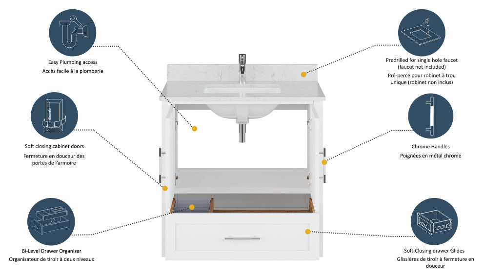 Boulder 36" Single Bathroom Vanity, White With Engineered Stone Top