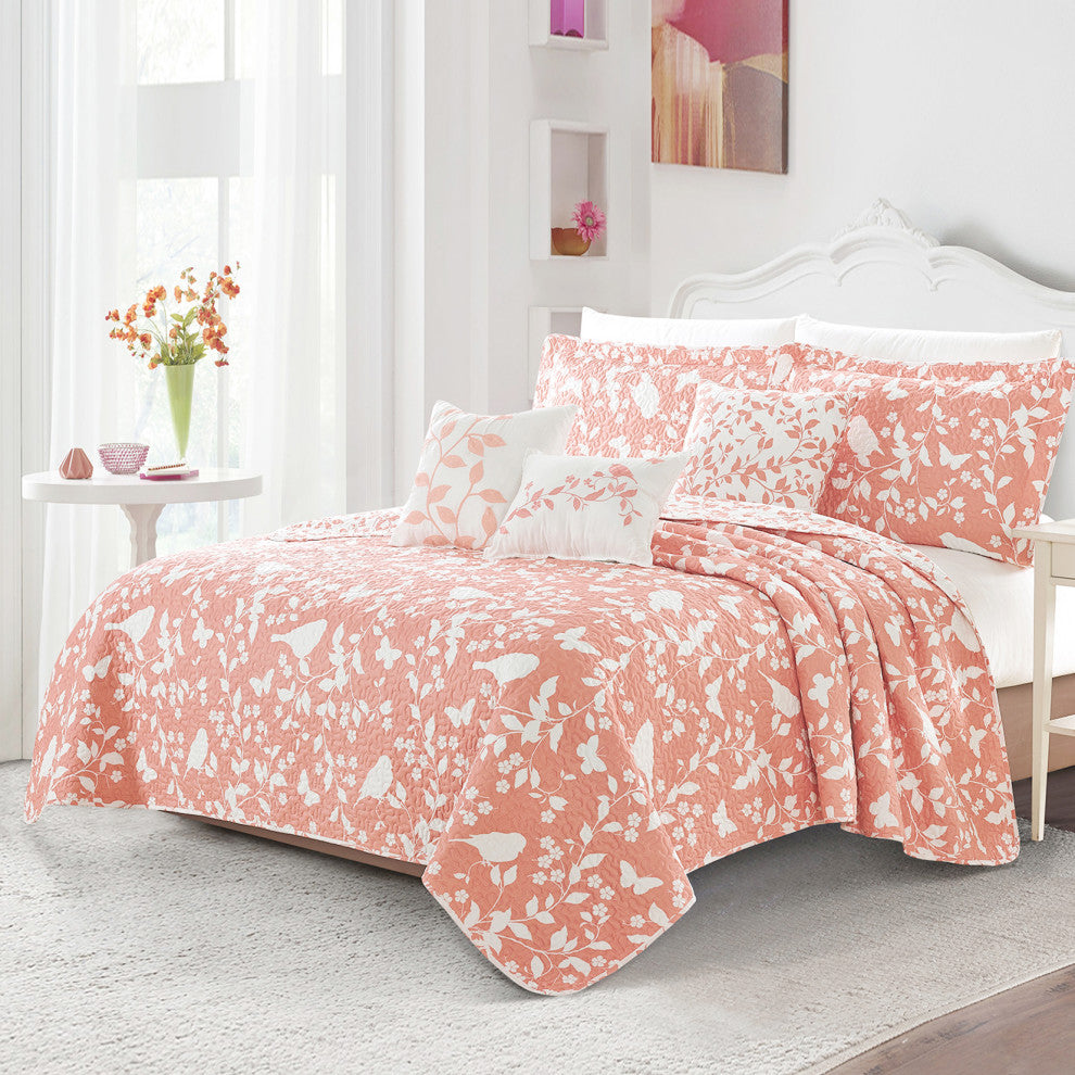 Birdsong 6-Piece Bed Spread Set, Coral, King, 102"x90"