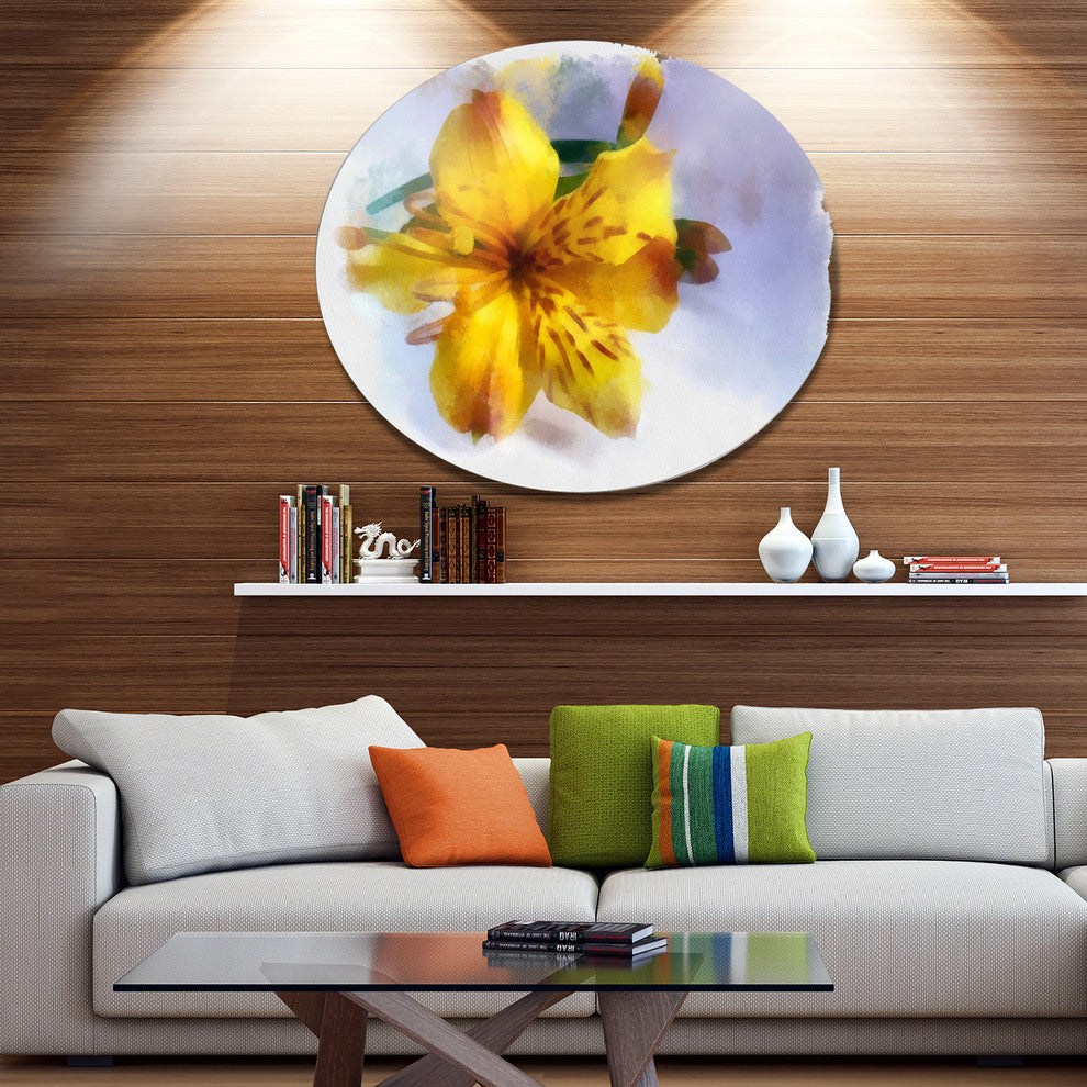 Yellow Lily Hand-Drawn Flower, Floral Disc Metal Wall Art, 11"