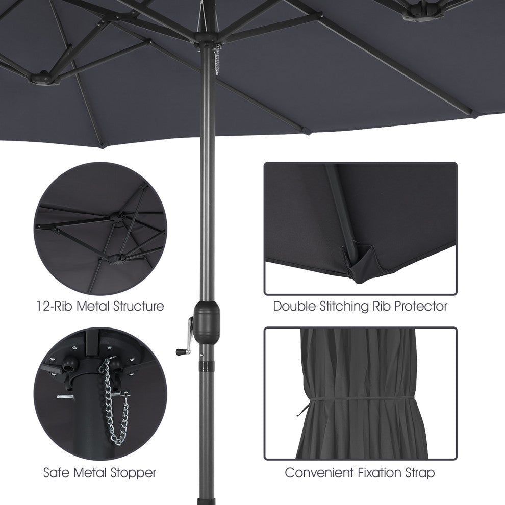 15FT Double-Sided Twin Patio Umbrella Sun Shade Outdoor Crank Market Base Grey