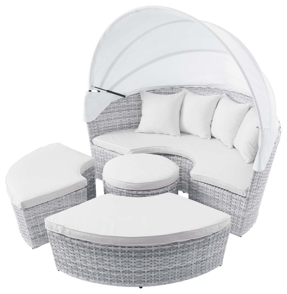 Lounge Daybed Sofa Bed, Gray White, Rattan, Wicker, Modern, Outdoor Patio