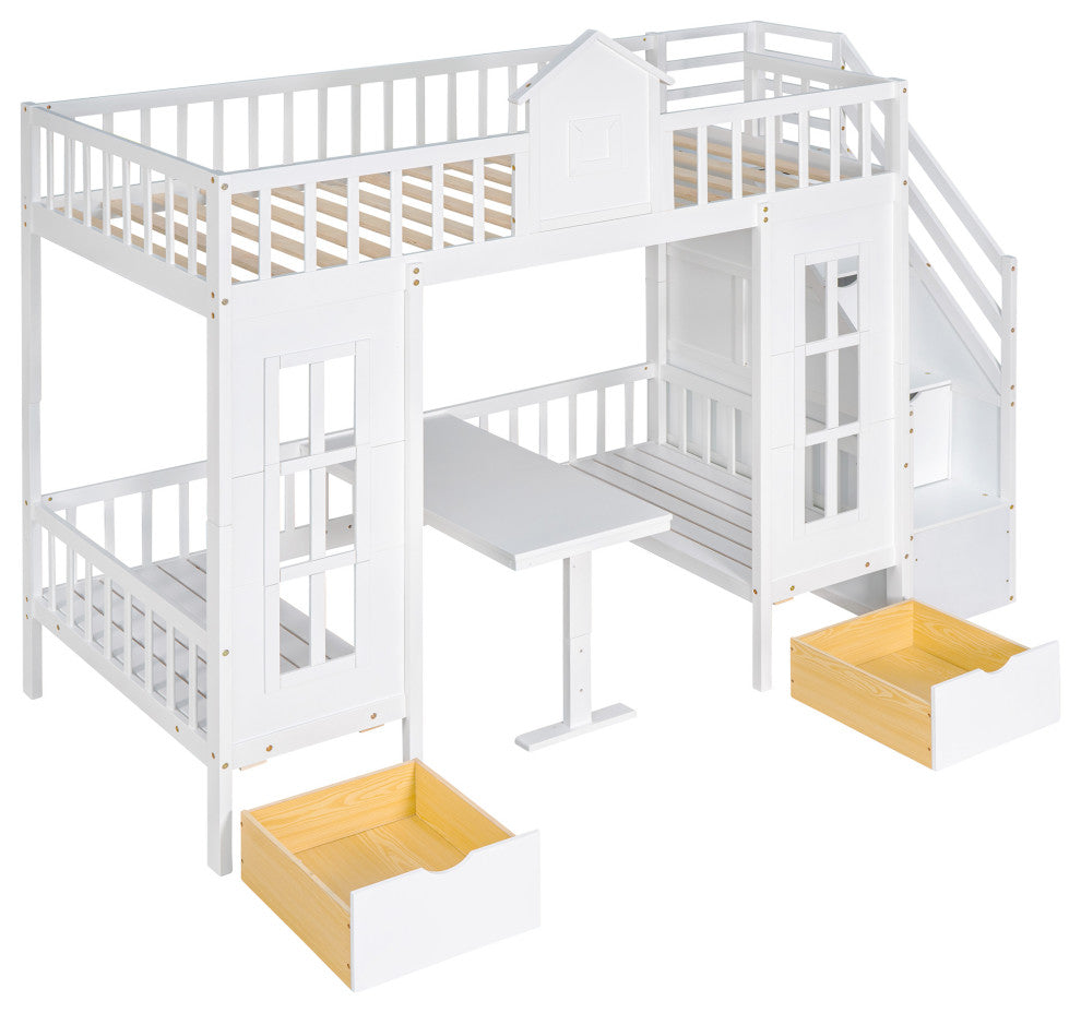 Gewnee Wood Twin-Over-Twin Bunk Bed with Table and Drawers in White