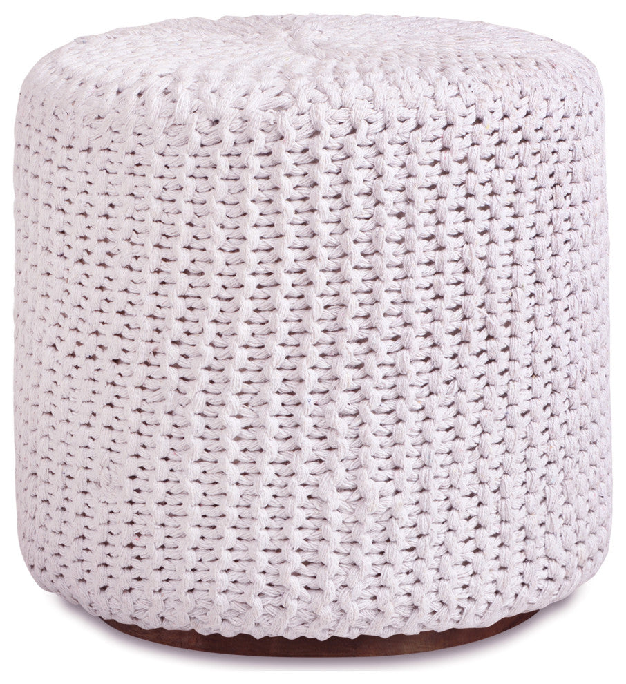 Loft Lyfe Marbella Ottoman, Hand Knitted, Wooden Tray, Cotton Yarn, White