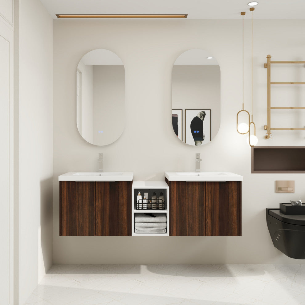 BNK Wall-Mounted Bathroom Cabinet Set with Soft-Close Doors, California Walnut, 60inch