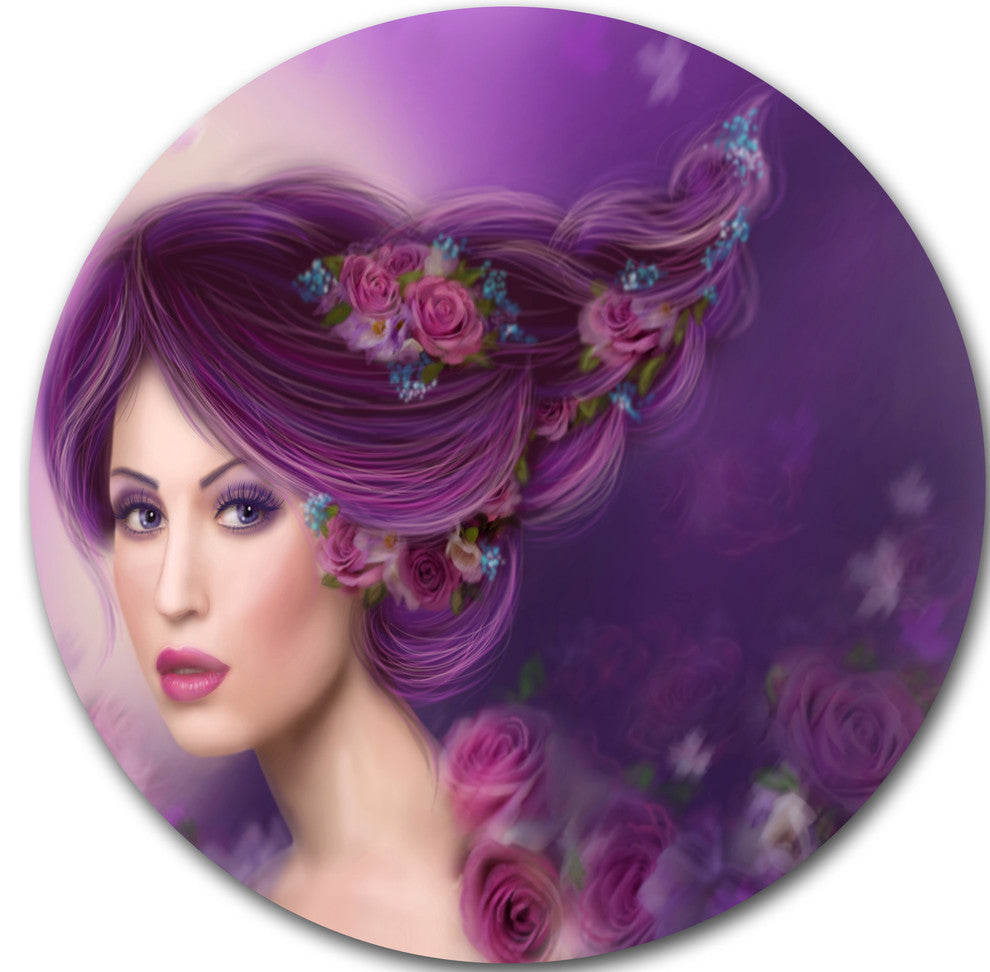 Woman With Purple Hair, Portrait Digital Art Round Metal Wall Art, 11"