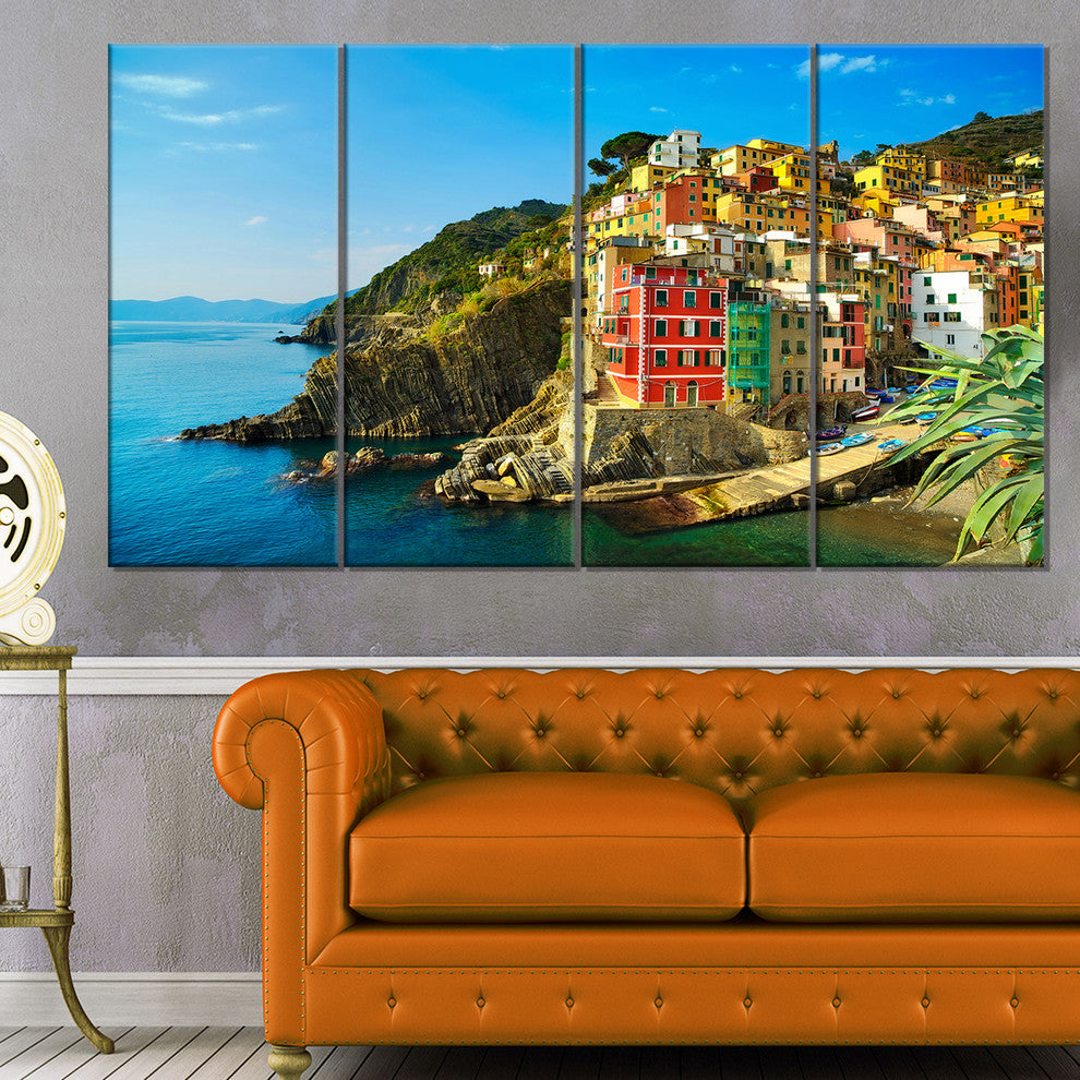 Riomaggiore Village Rocky Beach, Seascape Canvas Art Print, 48"x28", 4 Panels