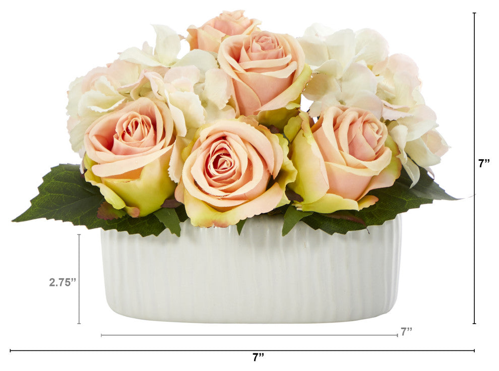 7" Rose and Hydrangea Artificial Arrangement, White Vase