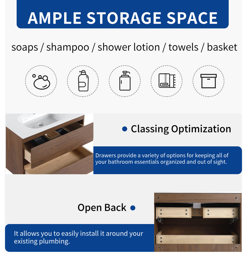 Wall-Mounted Plywood Bathroom Vanity Set in Light Oak with Integrated Gel Sink, Brown Oak, 30" X 18" X 20"