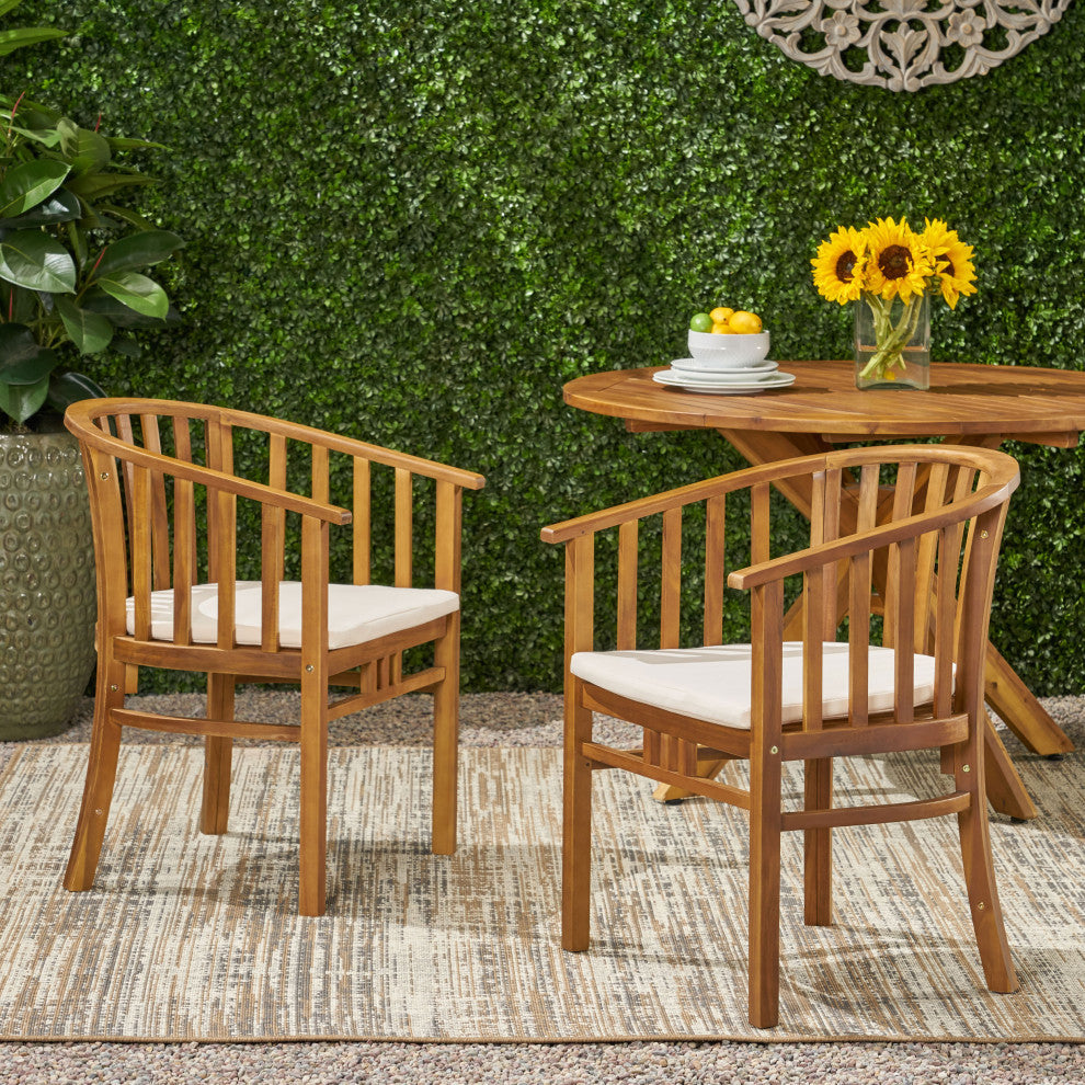 Nola Outdoor Wooden Dining Chairs With Cushions, Set of 2, Cream, Teak Finish