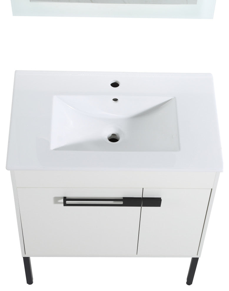 Freestanding/Floating Bathroom Vanity With white Ceramics Top, White, 30"
