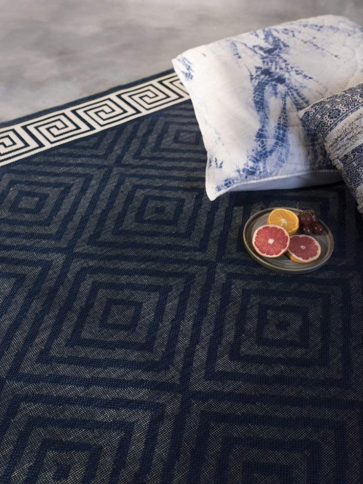 Outdoor Collection Geometric Area Rug - UV Safe Rug, Navy, 7'10"x10'