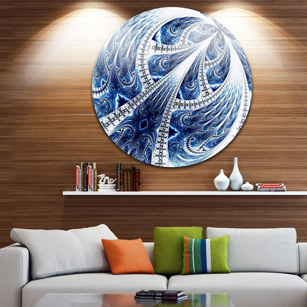 Symmetrical Dark Blue Fractal Flower, Modern Floral Round Wall Art, 36"