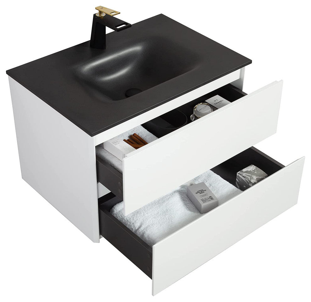 Wall-Mounted Bathroom Vanity Set in White with Black Top and Integrated Sink, 30"