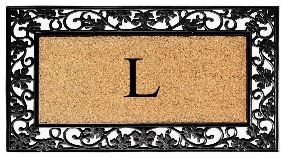 A1HC Floral Border Black 18x30 Rubber and Coir Heavy Duty Monogrammed Doormat, L