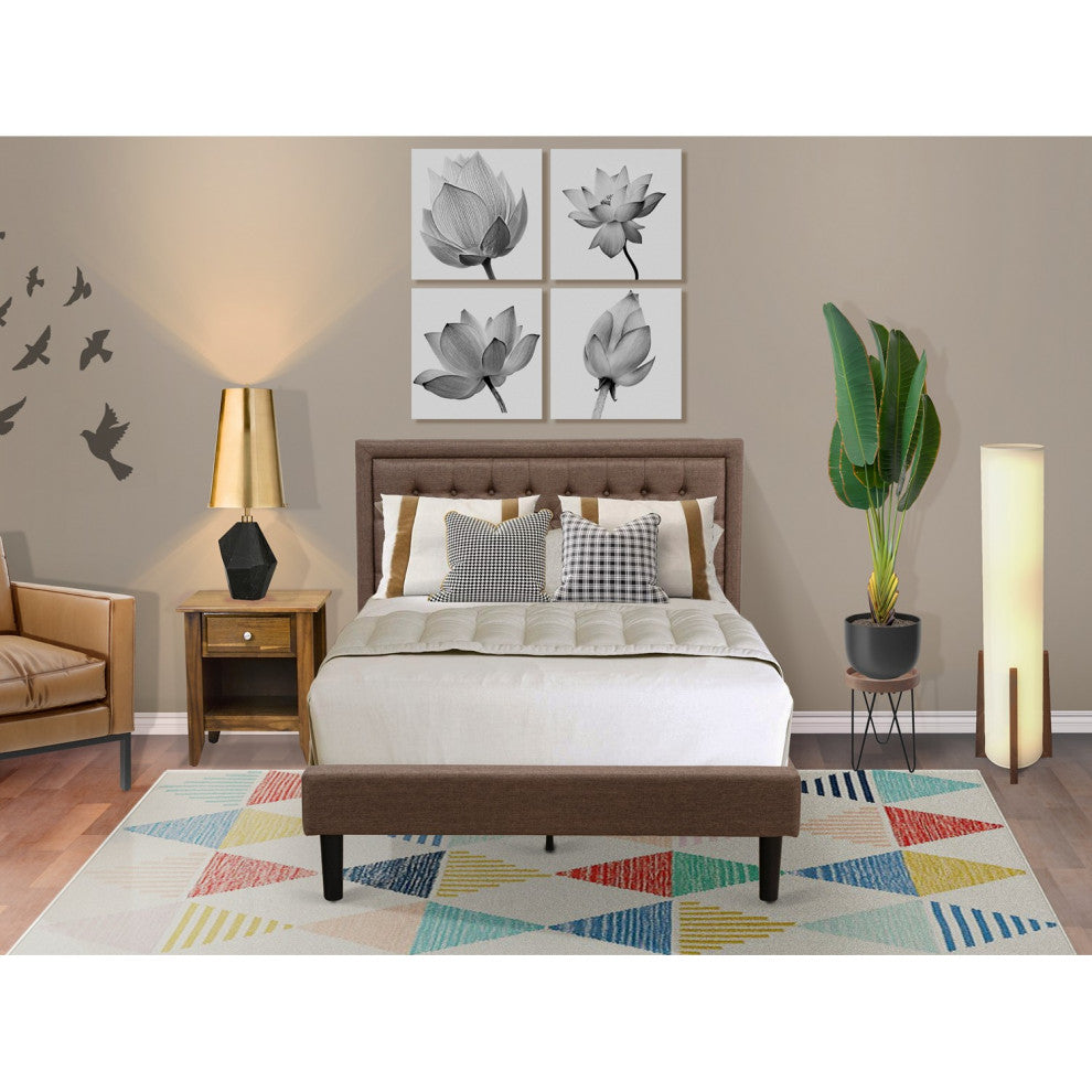2Pc Wood Bedroom Set, 1 Full Bed Frame Brown Padded, 1 Nightstand, Black Legs