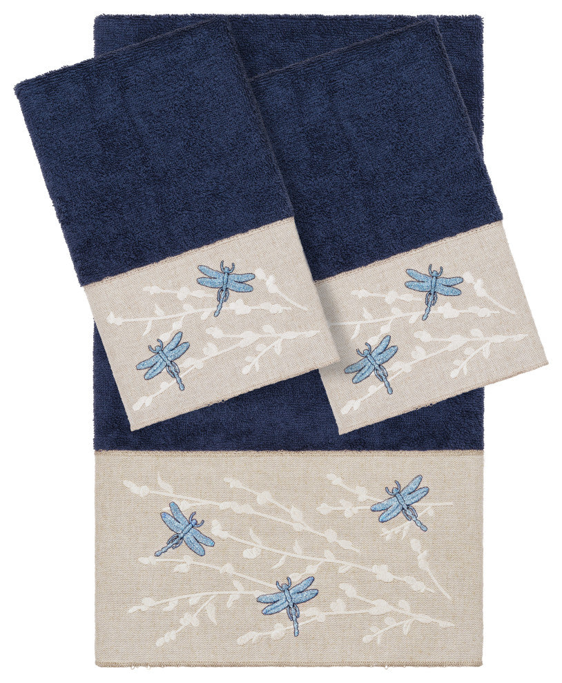 Linum Home Textiles Turkish Cotton Braelyn 3-Piece Embellished Towel Set, Navy