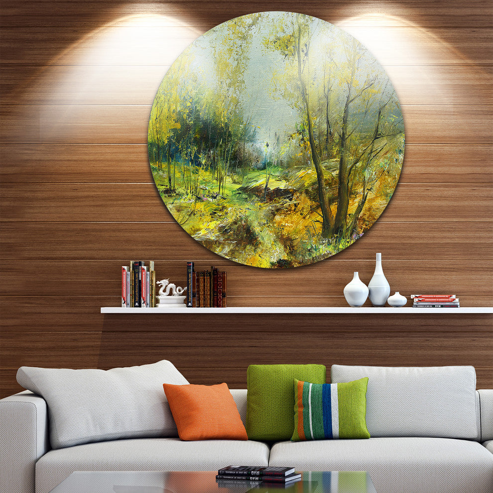 Green Yellow Forest, Landscape Disc Metal Artwork, 11"