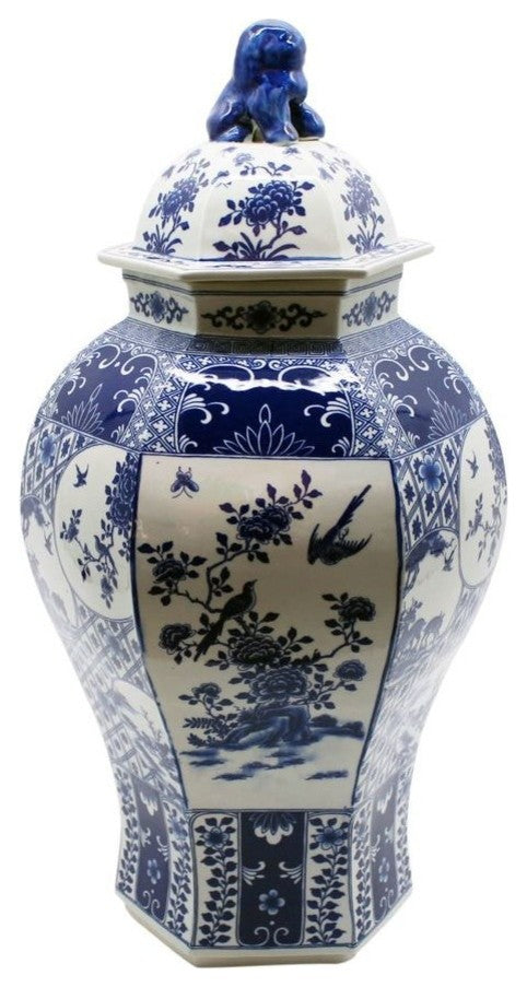 Blue & White Hexagonal Floral Bird Medallion Temple Jar