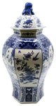 Blue & White Hexagonal Floral Bird Medallion Temple Jar